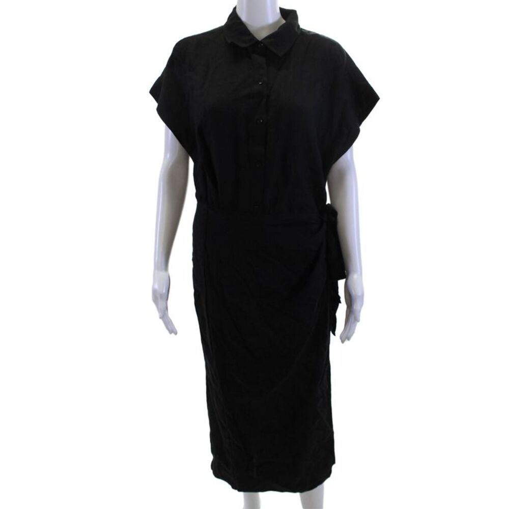 A Piece Apart Women Black Linen Collared Shirt Dress Knee Length Size M